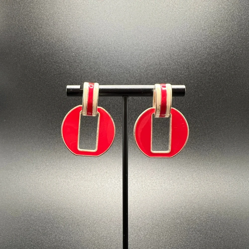 Chaps Drop Earrings Red White Enamel Silver Tone Geometric Bold Striped Nautical